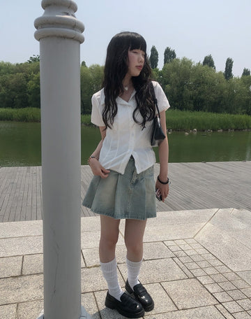 Sege Belt Denim Pleated Mini Skirt